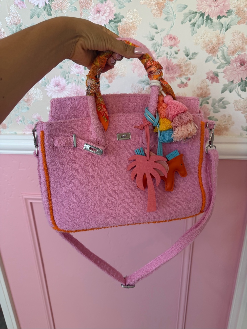 Pink Textured Satchel with Multicolor Tassel Charm